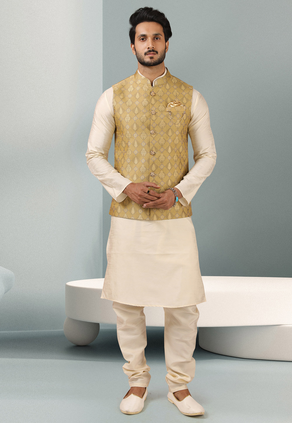 Off White Jacquard Kurta Pajama With Jacket 243908