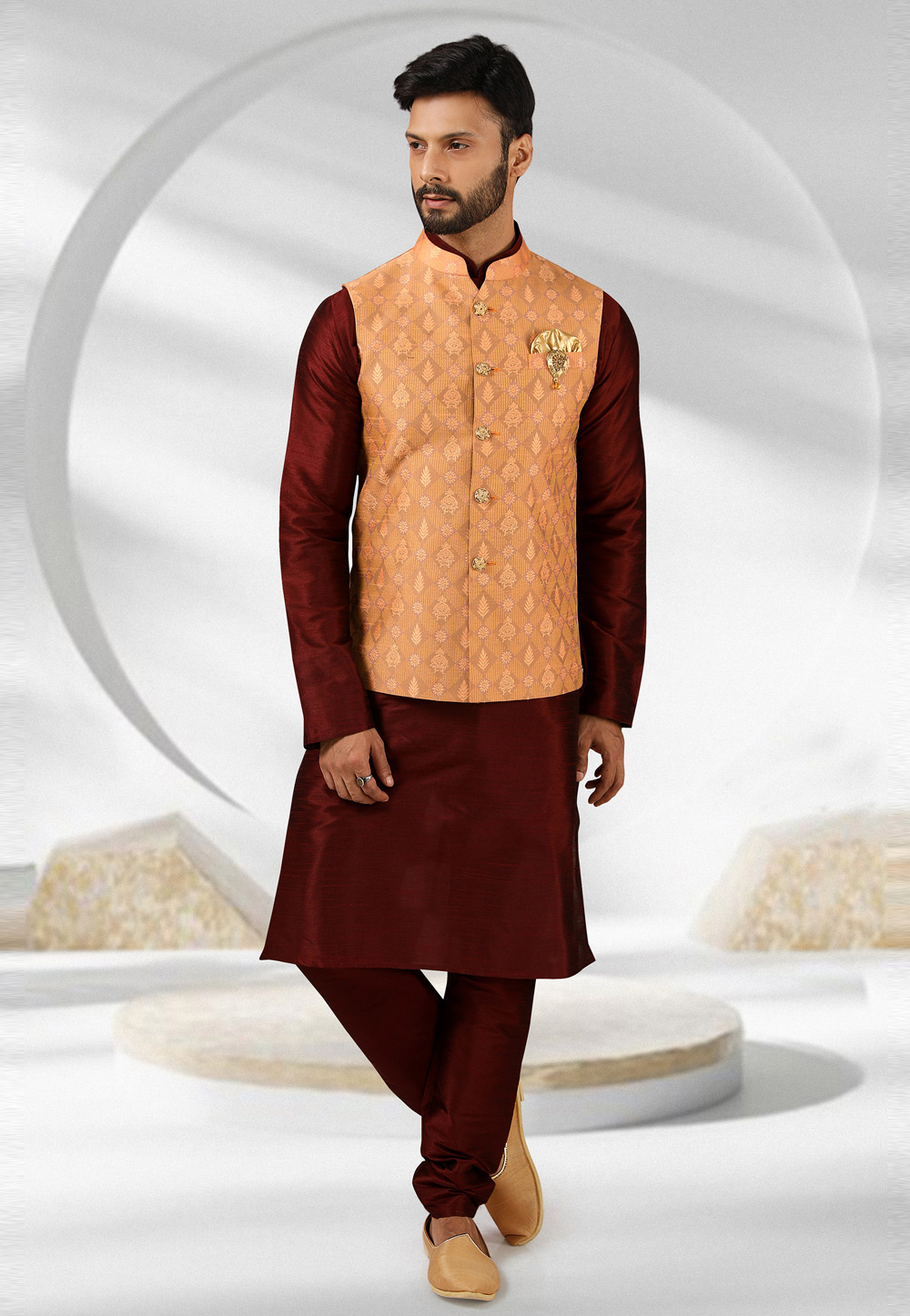 Maroon Jacquard Kurta Pajama With Jacket 243911