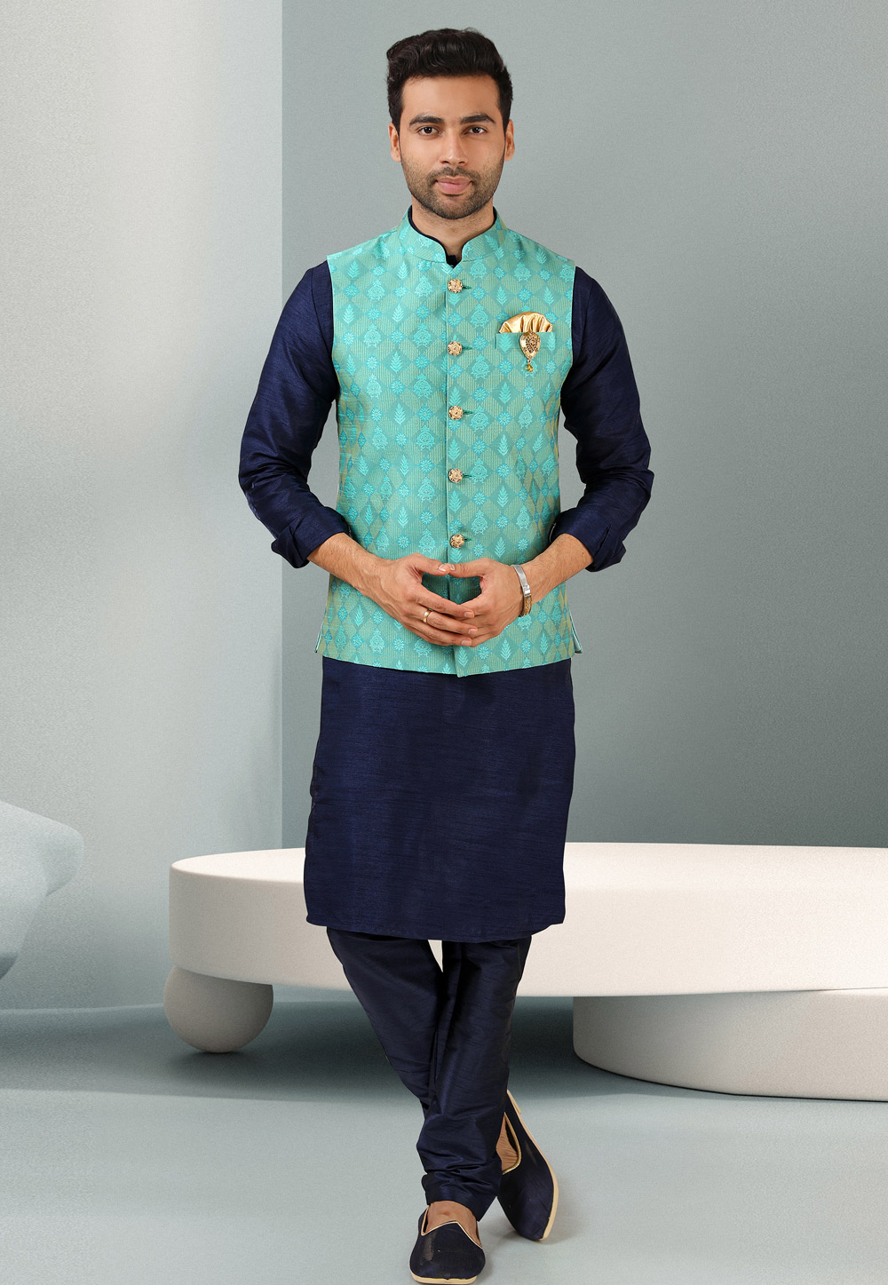 Navy Blue Jacquard Kurta Pajama With Jacket 243912
