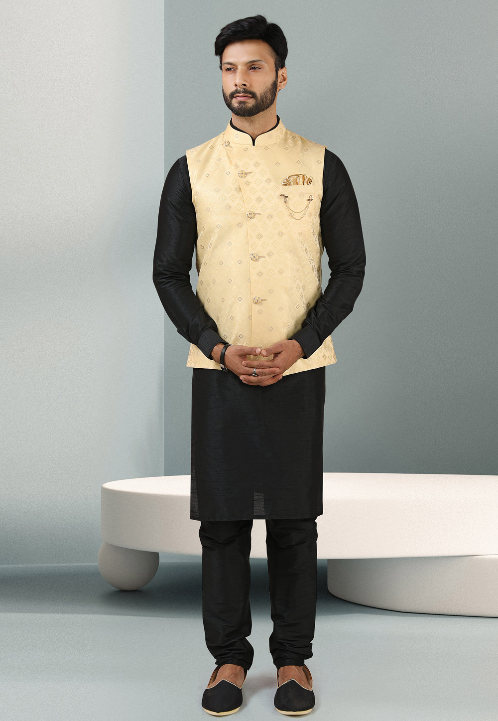 Black Jacquard Kurta Pajama With Jacket 243913