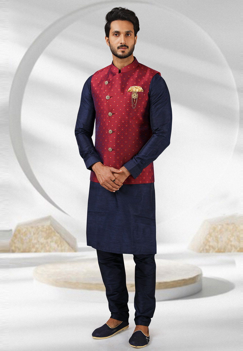 Navy Blue Jacquard Kurta Pajama With Jacket 243921