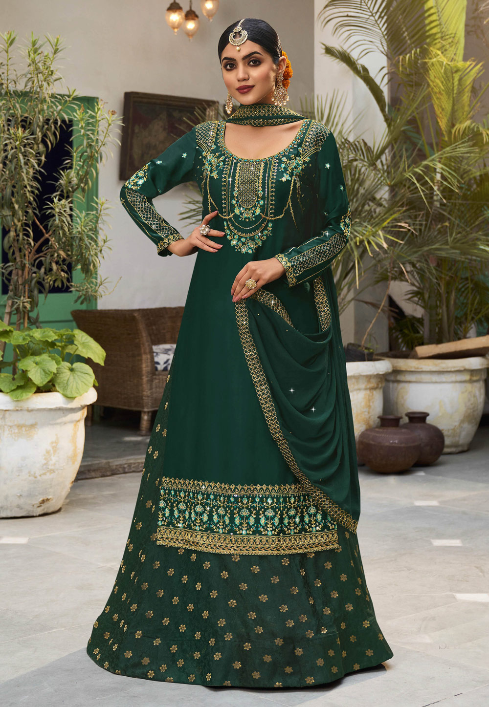 Green Jacquard Embroidered Long Choli Lehenga 241510