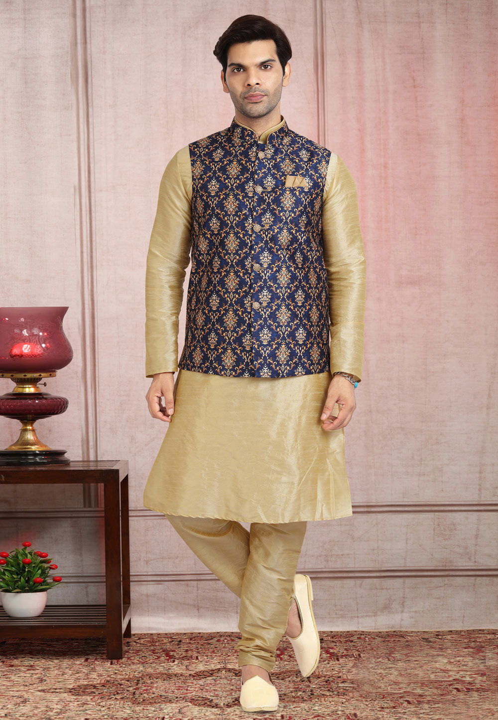 Beige Banarasi Silk Kurta Pajama With Jacket 240658