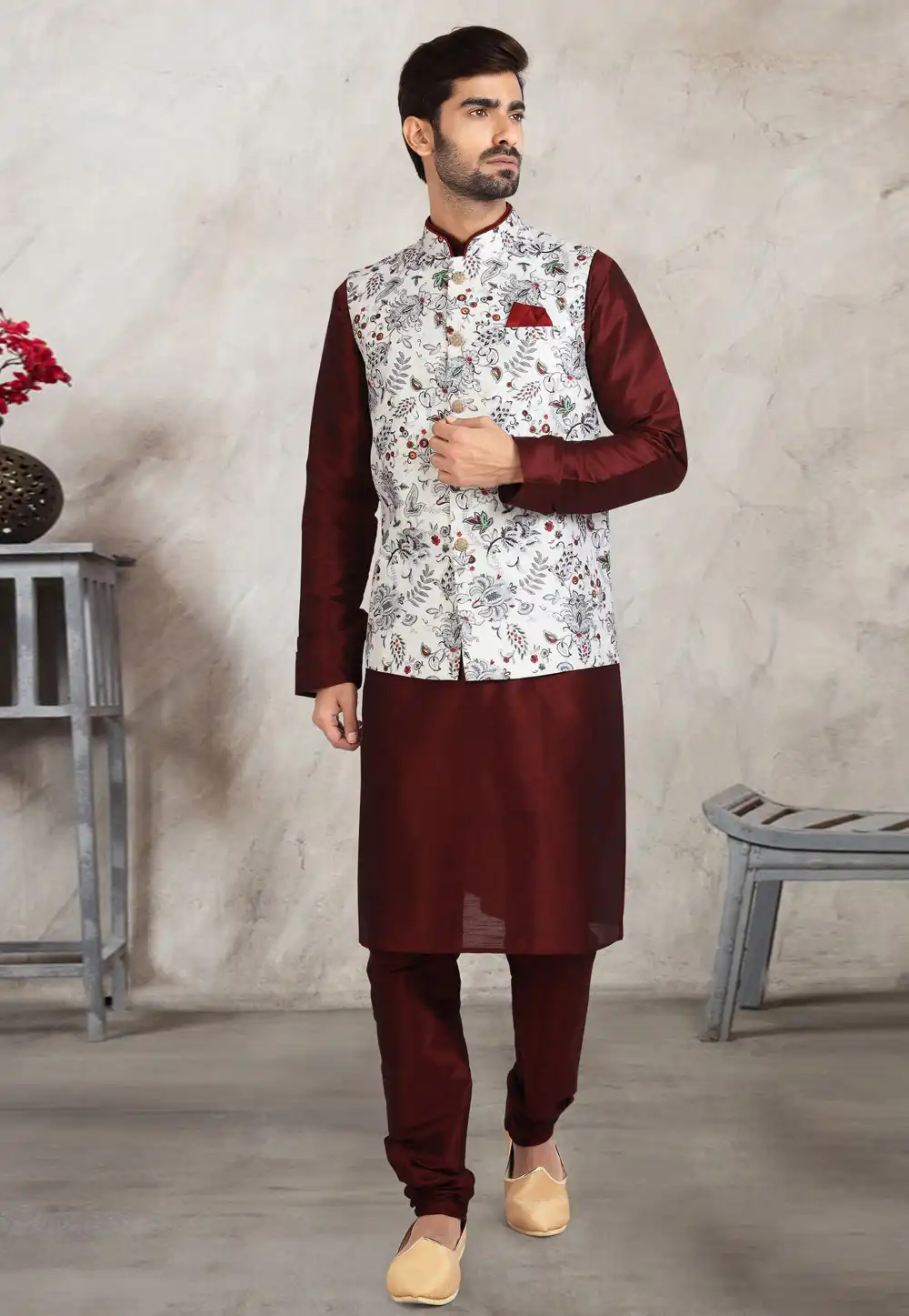 Maroon Banarasi Silk Kurta Pajama With Jacket 240661