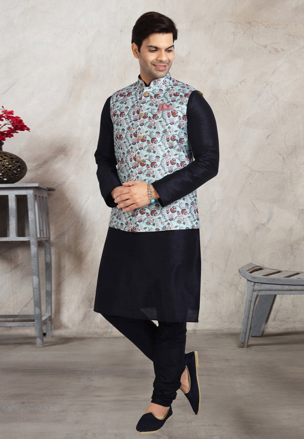 Navy Blue Banarasi Silk Kurta Pajama With Jacket 240666