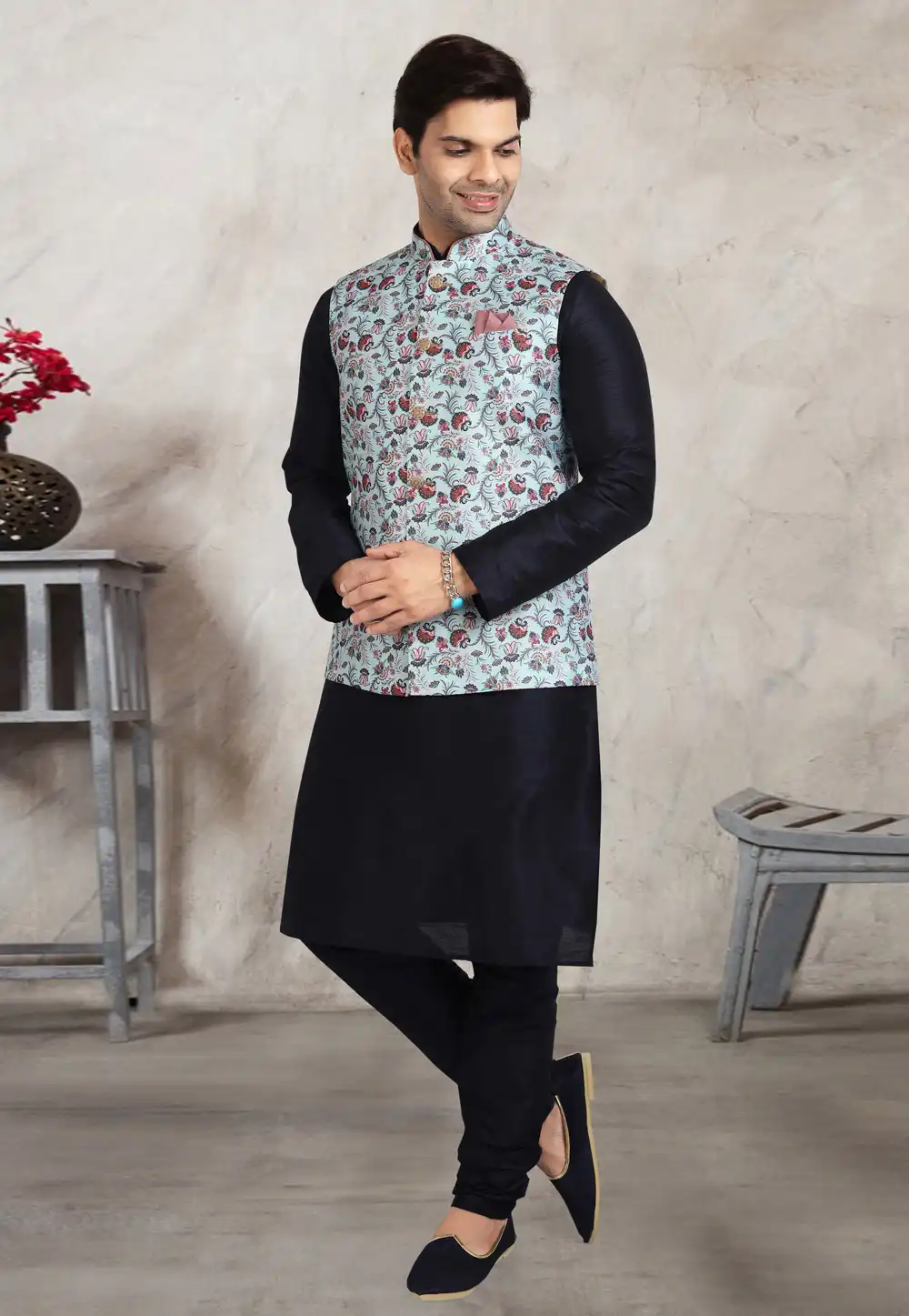 Navy Blue Banarasi Silk Kurta Pajama With Jacket 240666