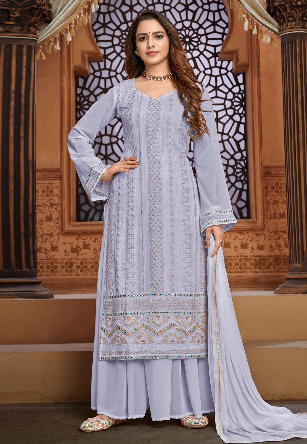 Light Purple Faux Georgette Palazzo Suit 236377