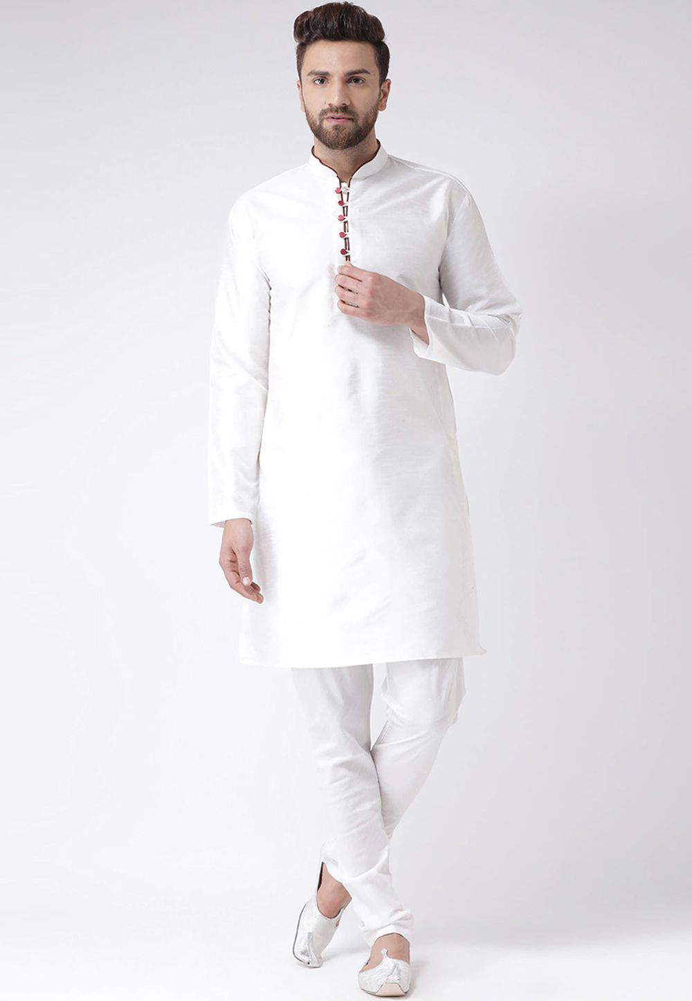 White Dupion Silk Kurta Pajama 240879