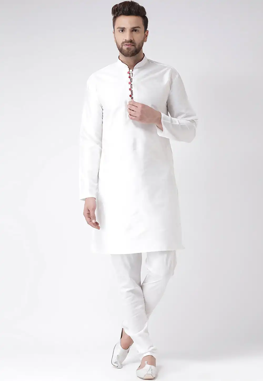 White Dupion Silk Kurta Pajama 240879