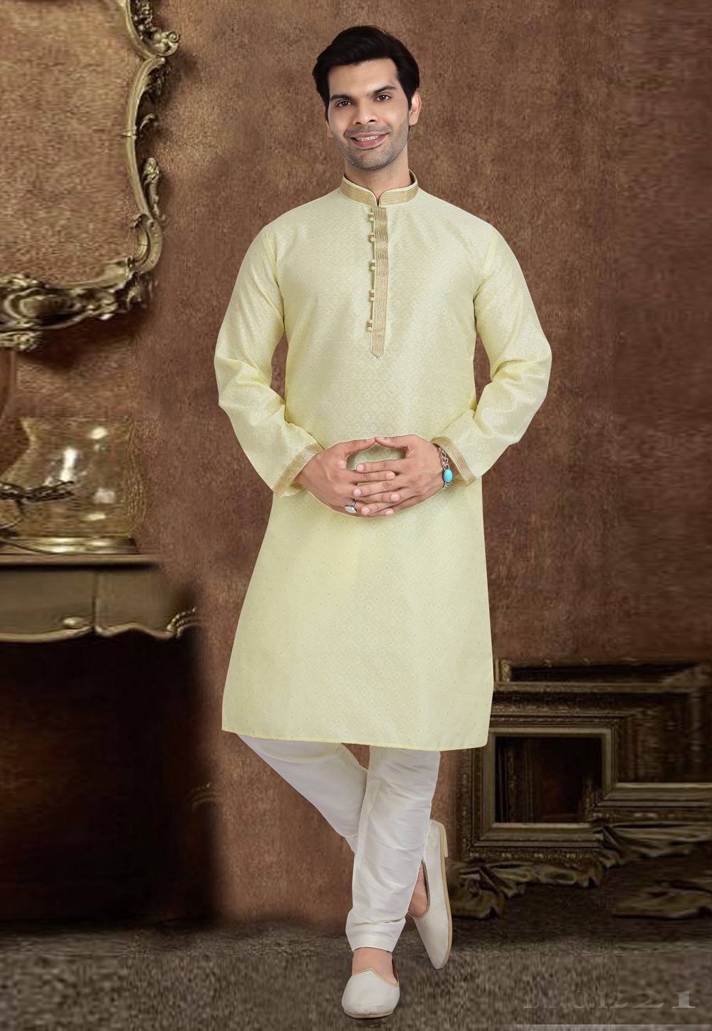 Cream Jacquard Silk Kurta Pajama 241086