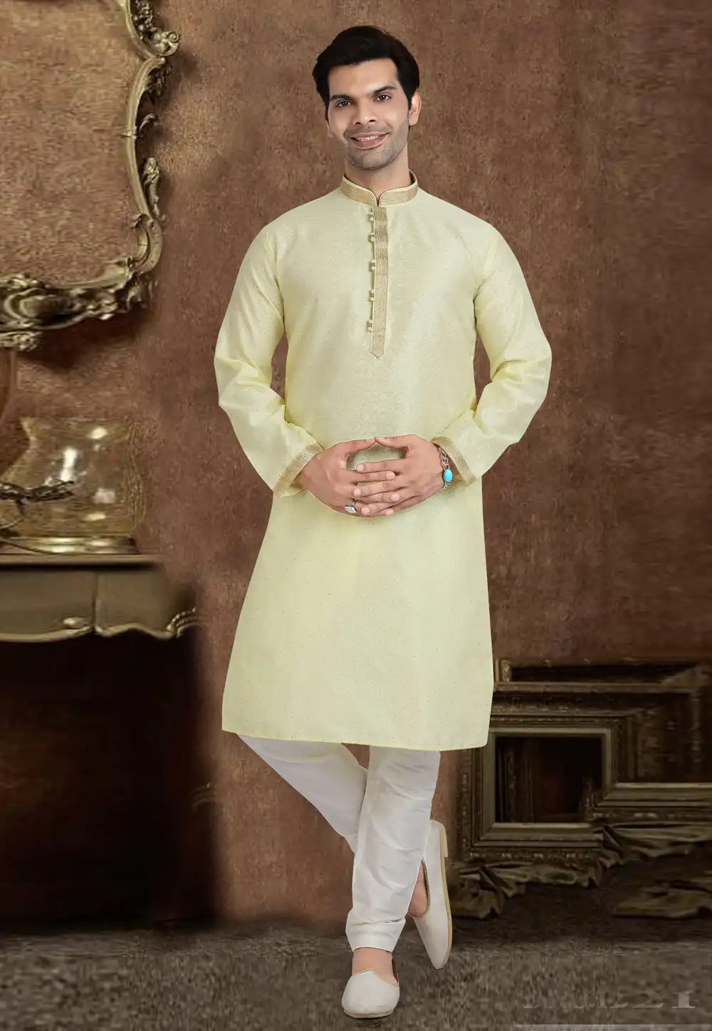 Cream Jacquard Silk Kurta Pajama 241086