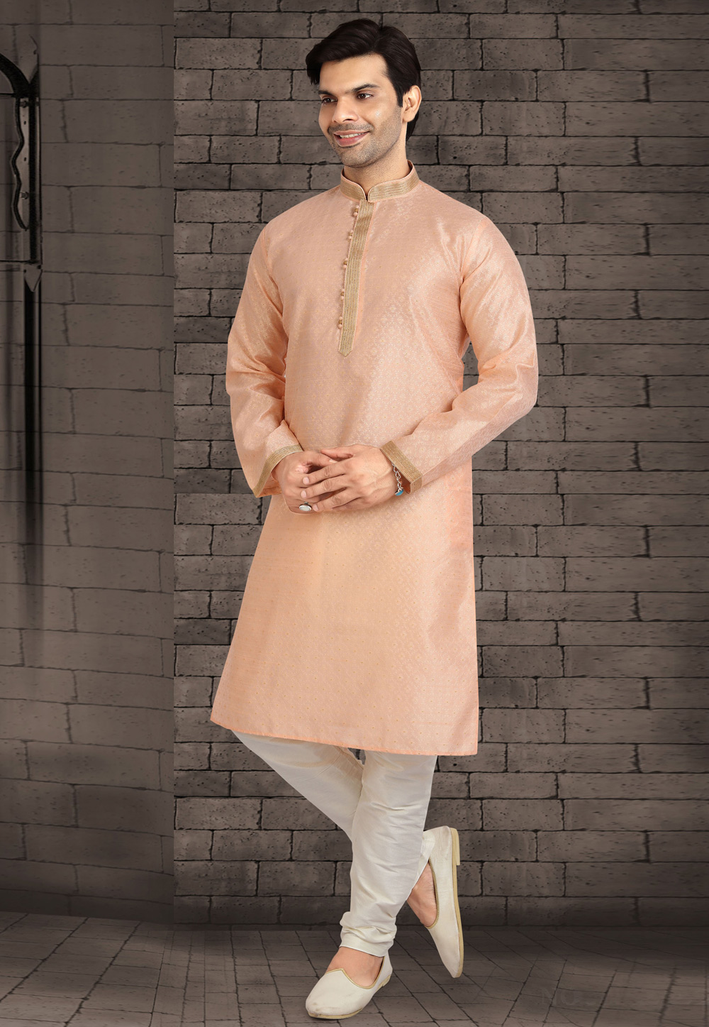 Peach Jacquard Silk Kurta Pajama 241087