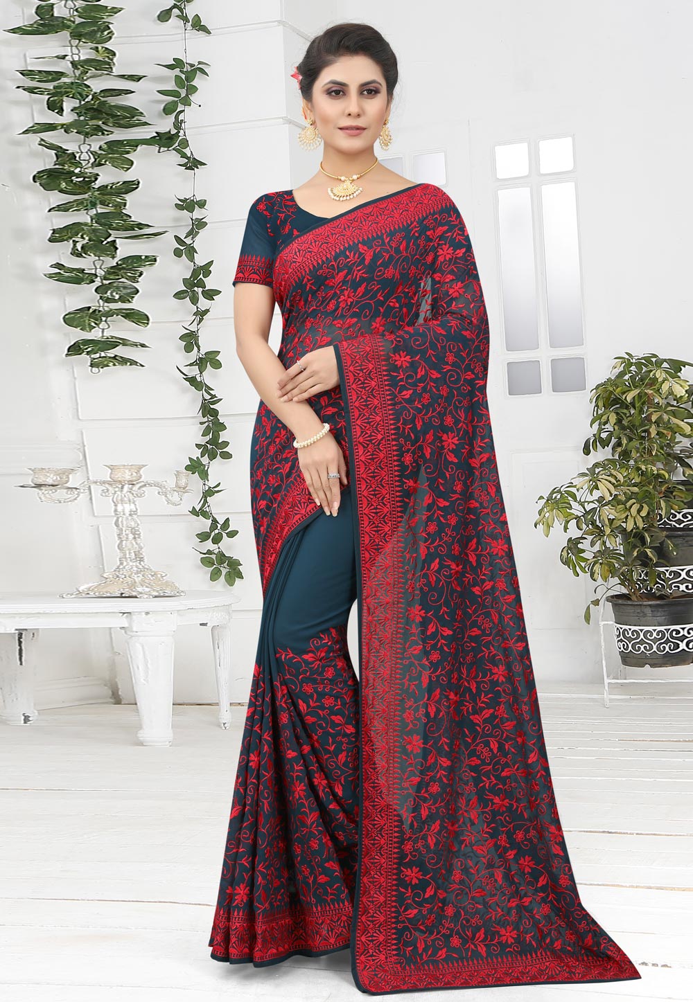 Teal Georgette Saree With Blouse 249218