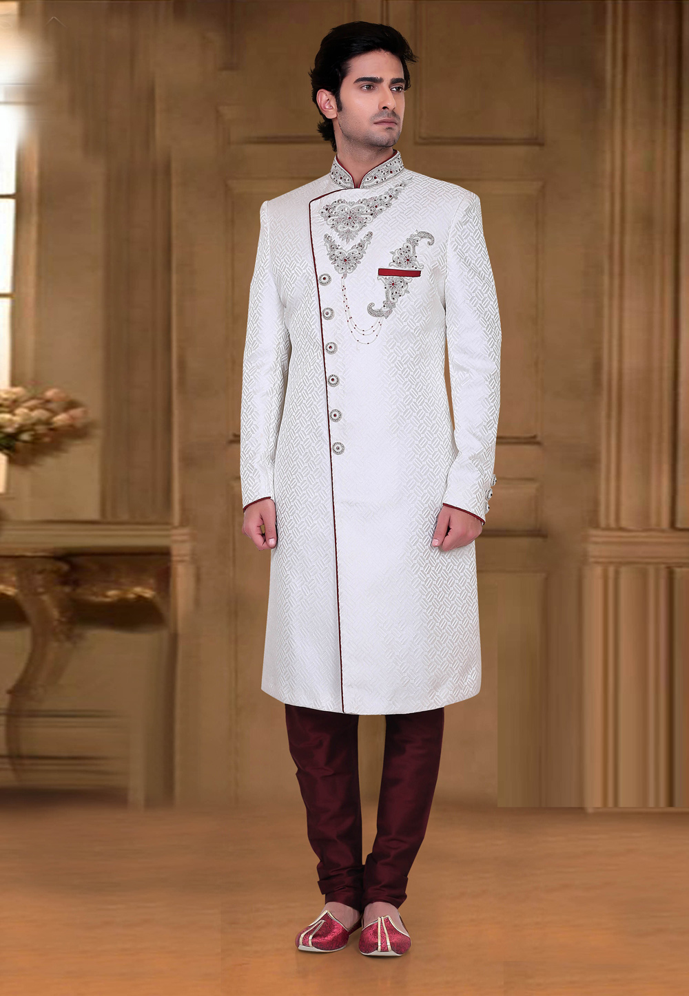 White Jacquard Achkan Style Sherwani 241663