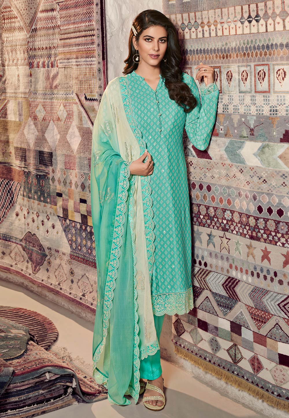 Sea Green Crepe Kameez With Pant 230574