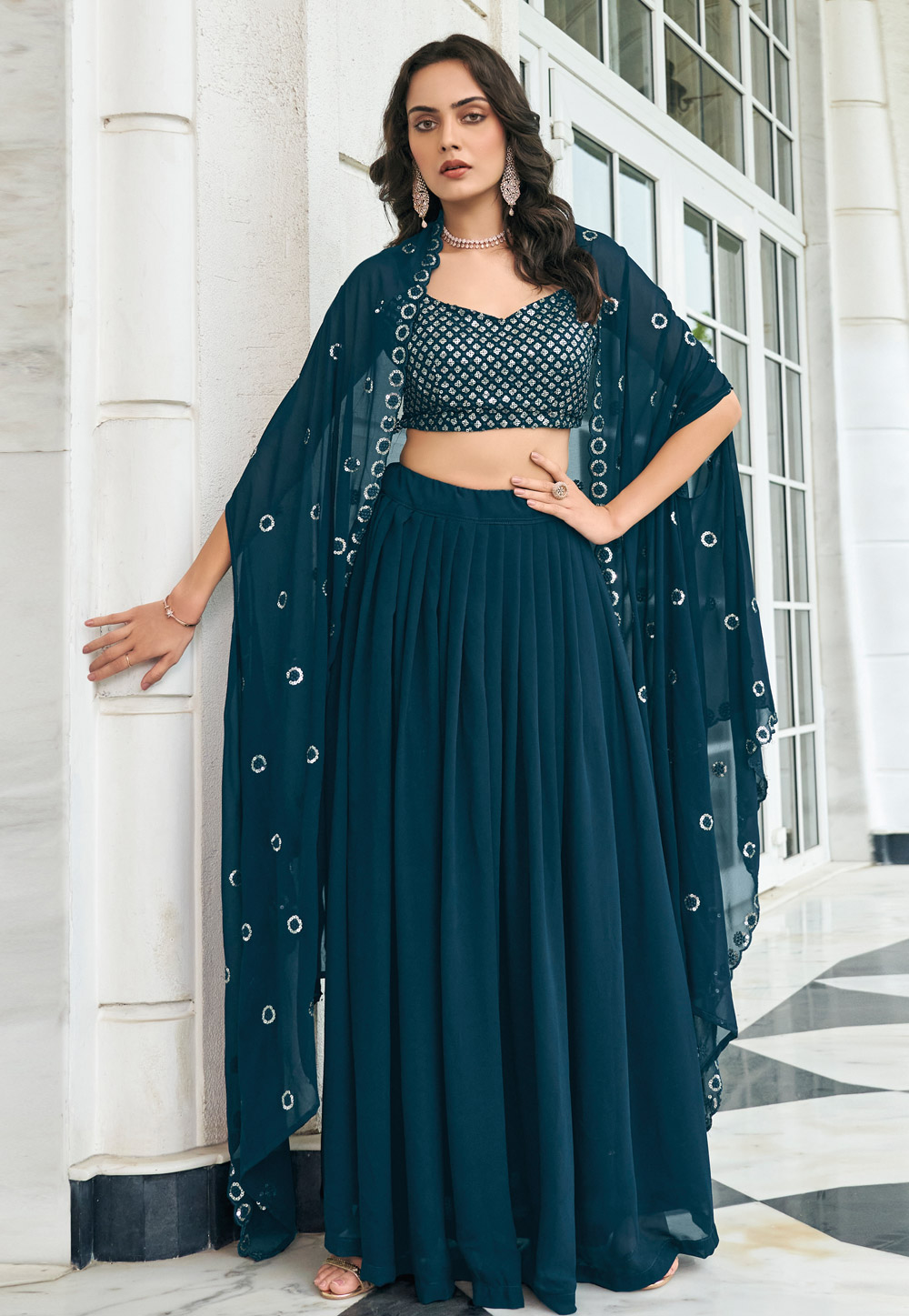 Teal Faux Georgette Circular Lehenga Choli 261195