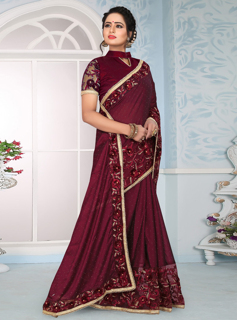 Wine Silk Festival Wear Saree 153684
