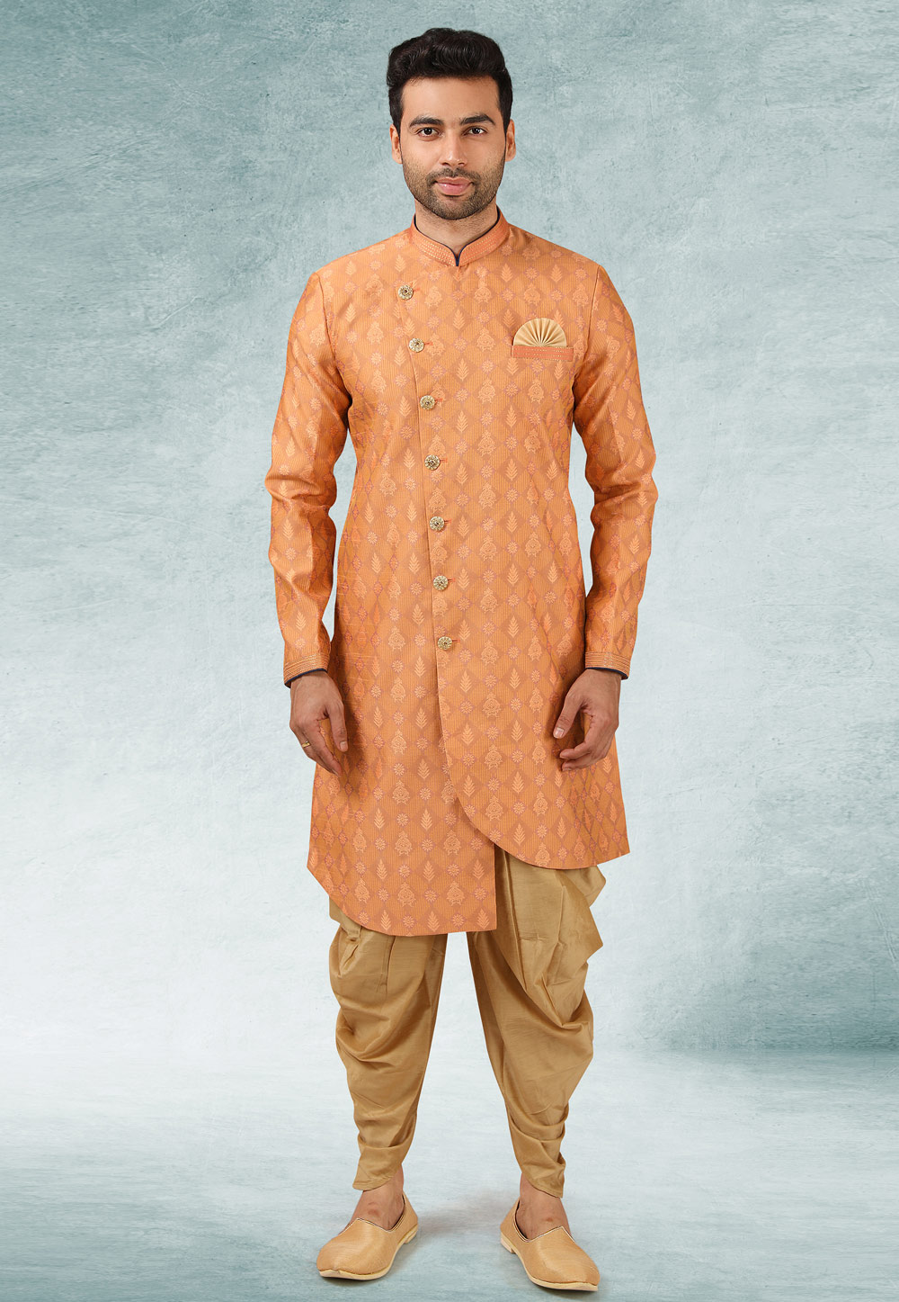 Peach Jacquard Silk Indo Western Suit 245688