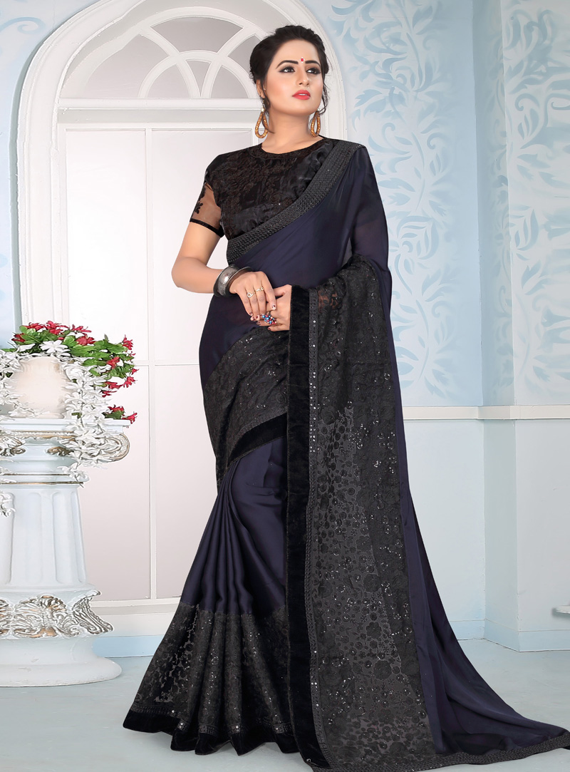 Navy Blue Silk Festival Wear Saree 153691