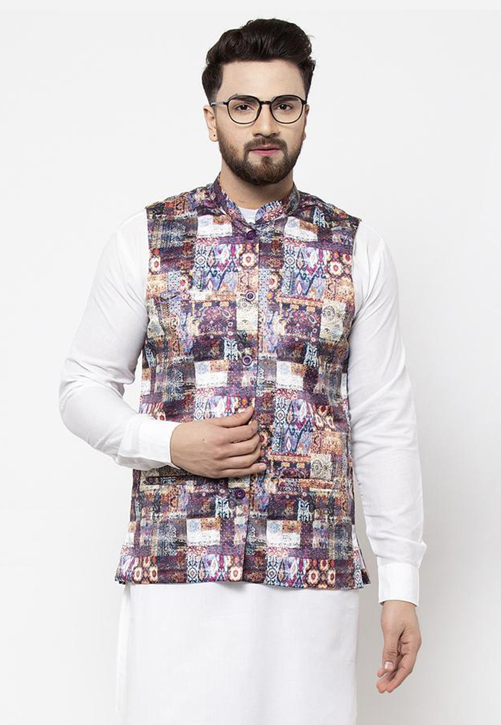 Purple Cotton Satin Printed Nehru Jacket 216263
