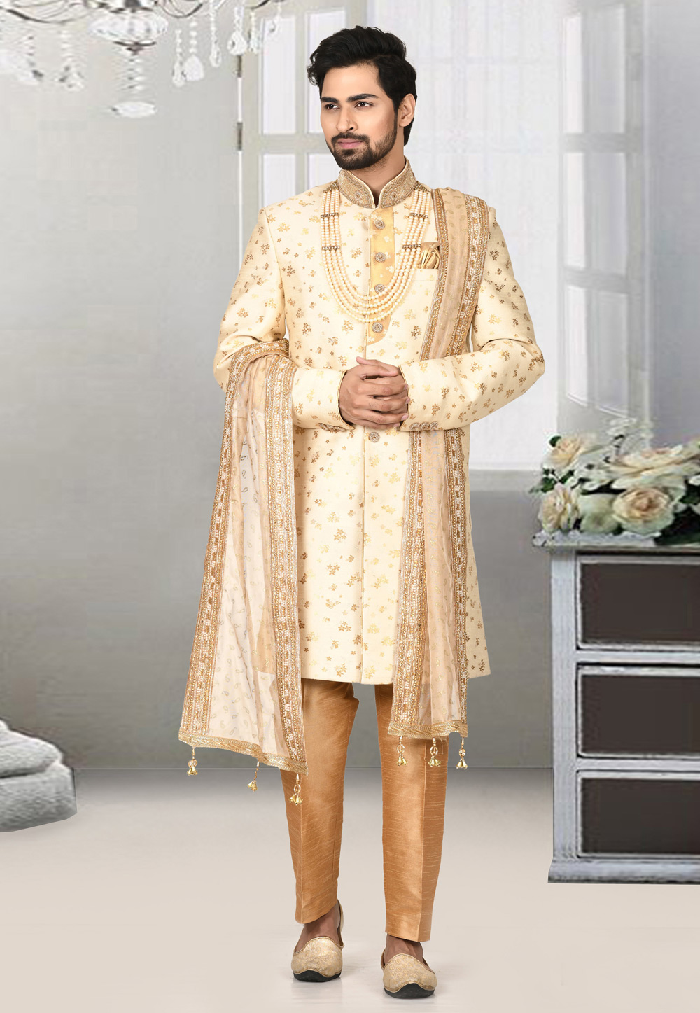 Cream Jacquard Indo Western Sherwani 243505