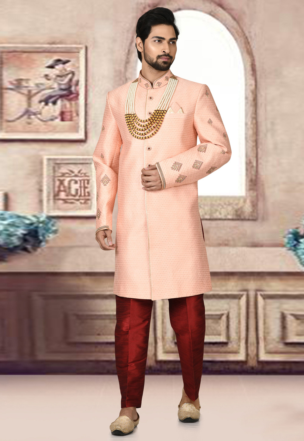 Pink Jacquard Indo Western Sherwani 243519