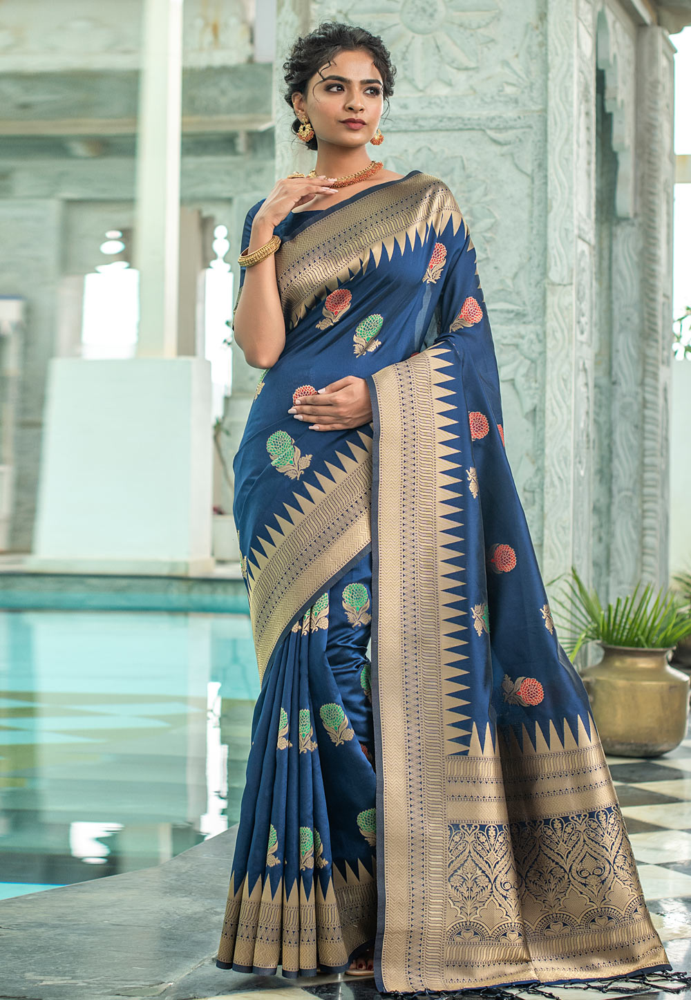Navy Blue Banarasi Silk Saree With Blouse 237071