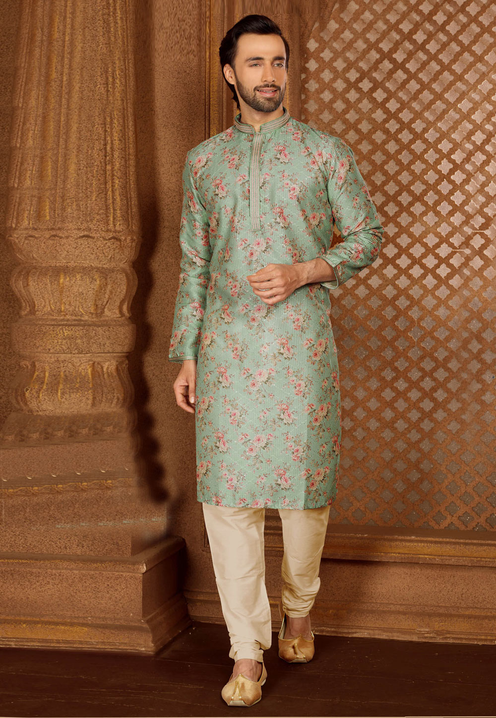 Sea Green Silk Printed Kurta Pajama 246750
