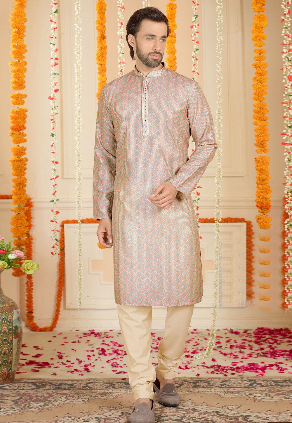 Pink Silk Printed Kurta Pajama 246741