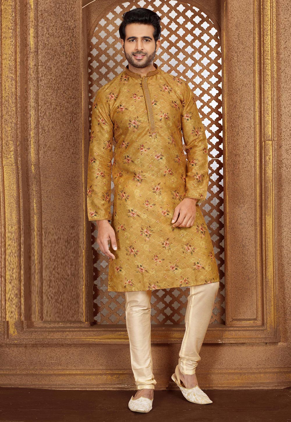 Mustard Silk Printed Kurta Pajama 246742