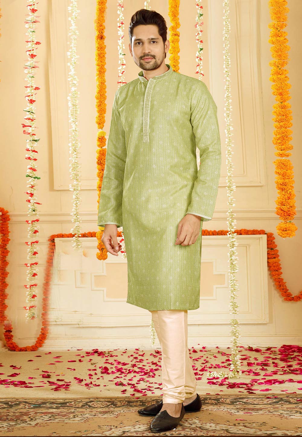 Pista Green Silk Printed Kurta Pajama 246743