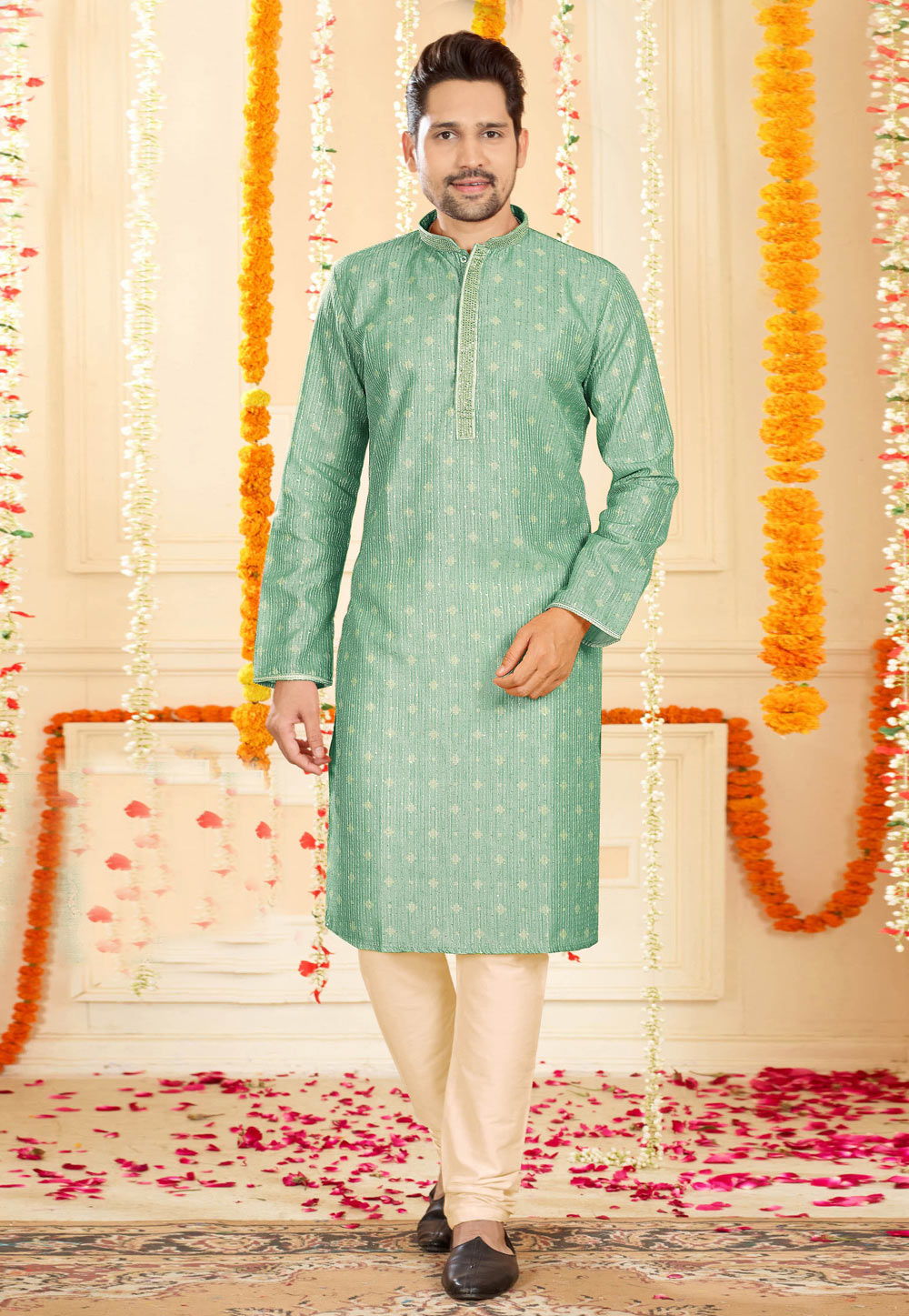 Sea Green Silk Printed Kurta Pajama 246745
