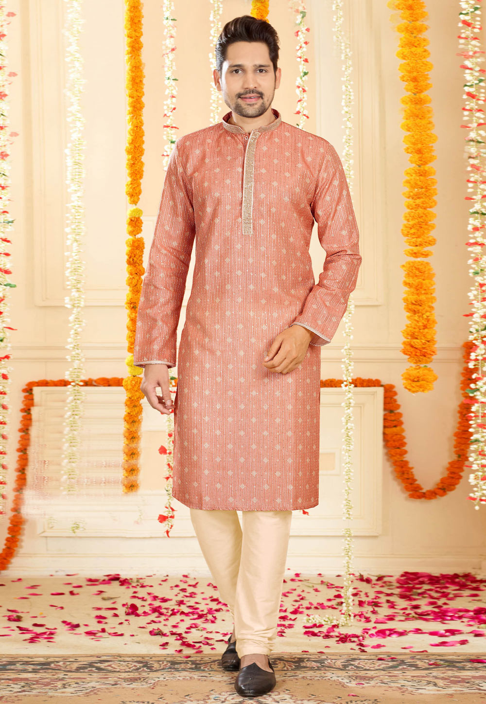 Pink Silk Printed Kurta Pajama 246746