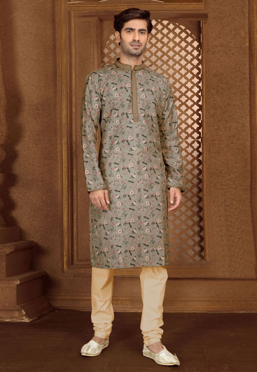 Grey Silk Printed Kurta Pajama 246748