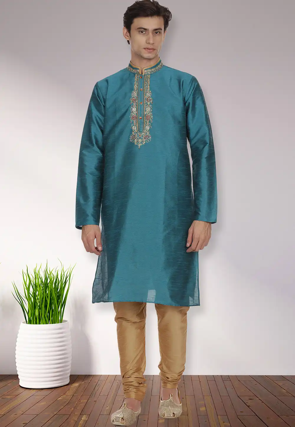 Blue Dupion Silk Readymade Kurta Pajama 175910