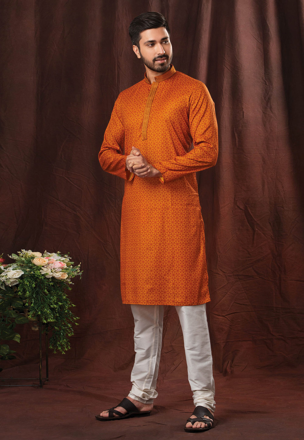 Orange Cotton Printed Kurta Pajama 247243