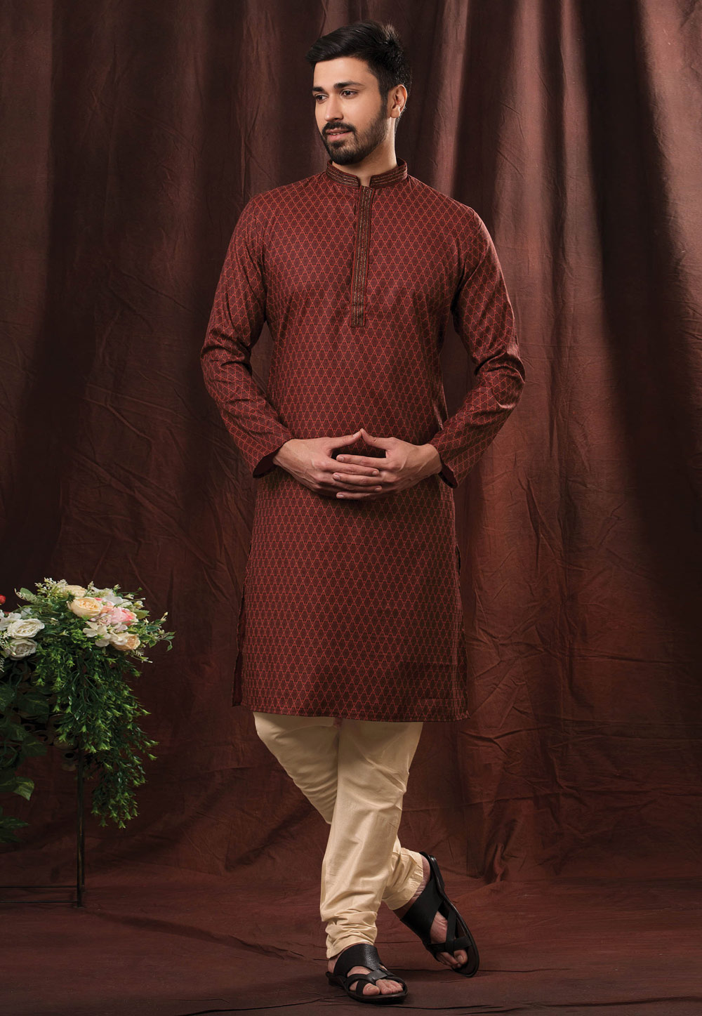 Wine Cotton Printed Kurta Pajama 247248