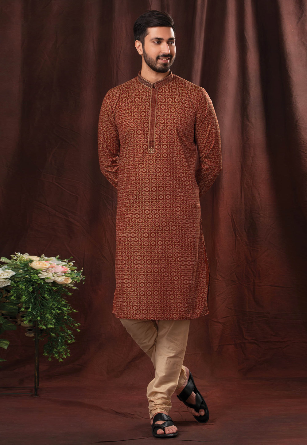 Maroon Cotton Printed Kurta Pajama 247235