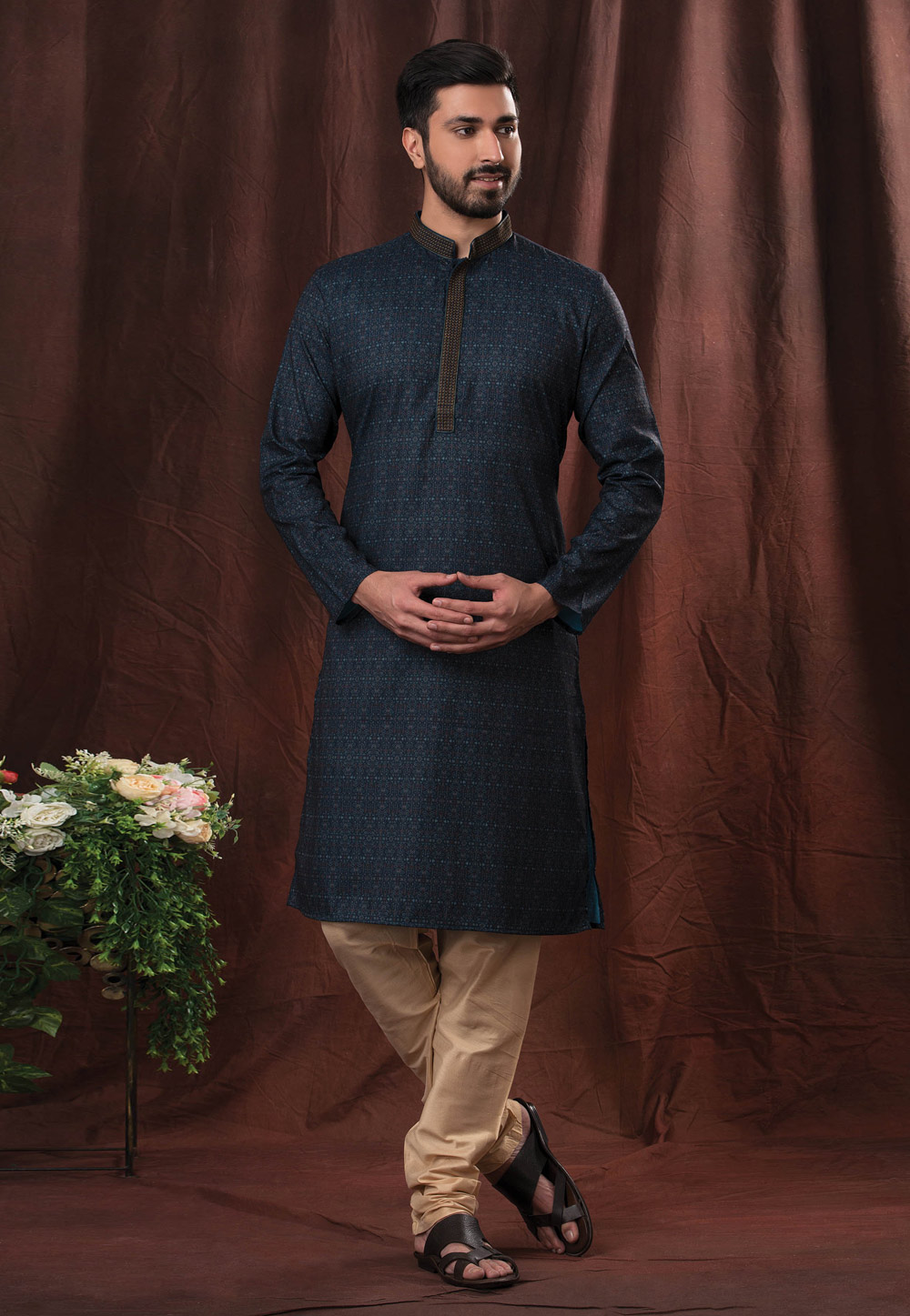 Teal Cotton Printed Kurta Pajama 247236
