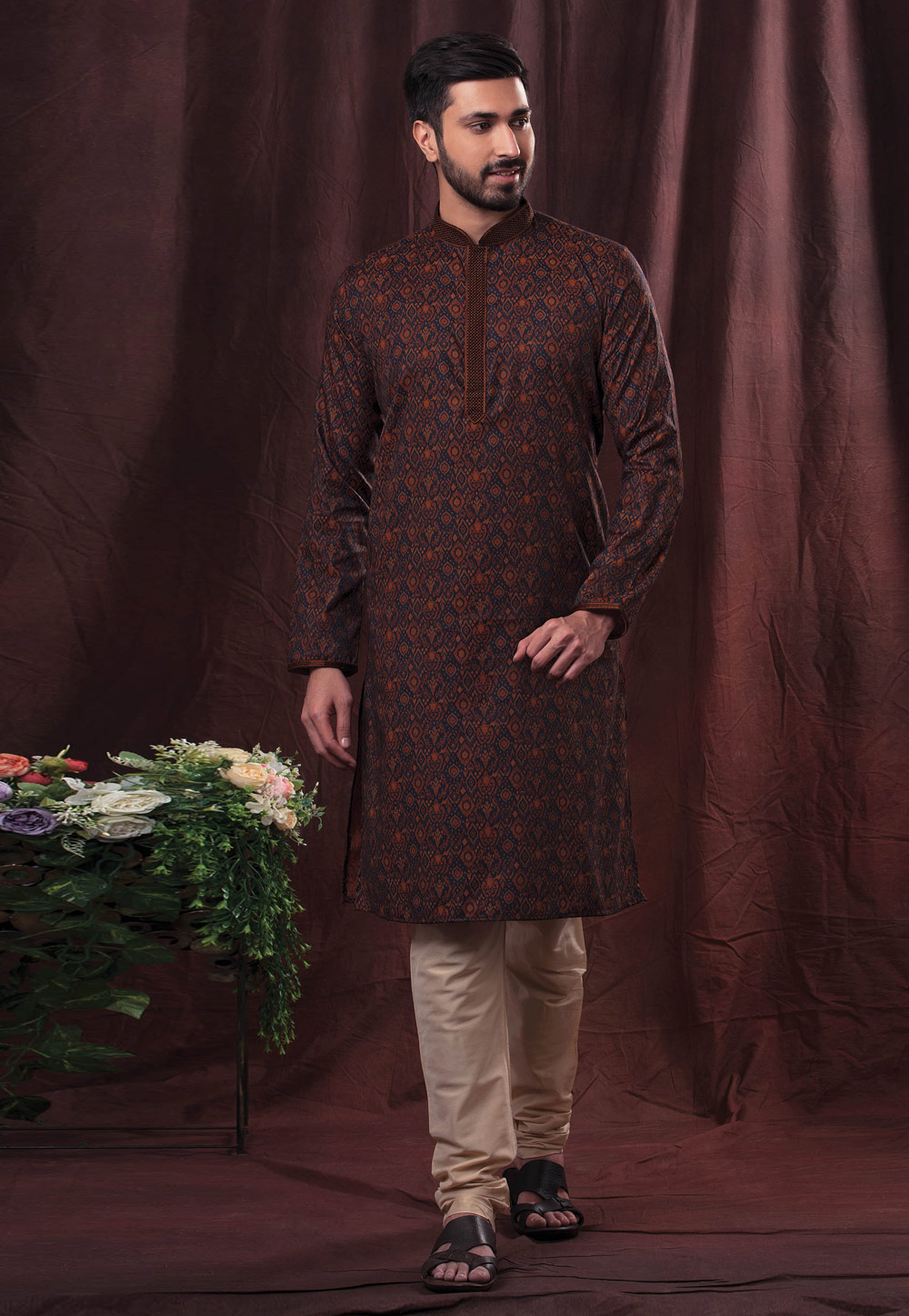Navy Blue Cotton Printed Kurta Pajama 247237