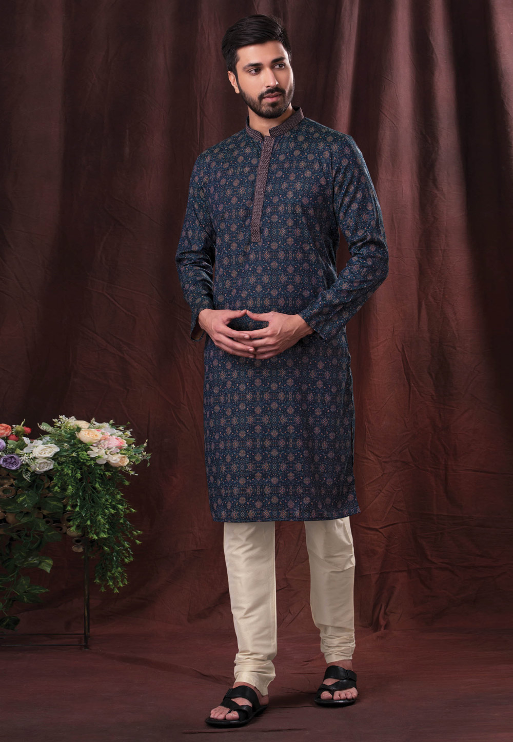 Teal Cotton Printed Kurta Pajama 247240