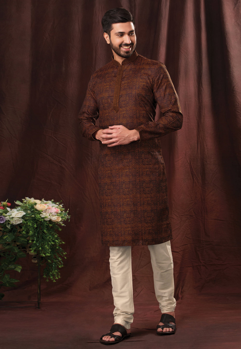 Brown Cotton Printed Kurta Pajama 247241