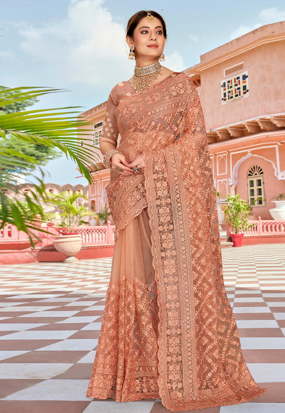 Peach Net Saree With Blouse 250351