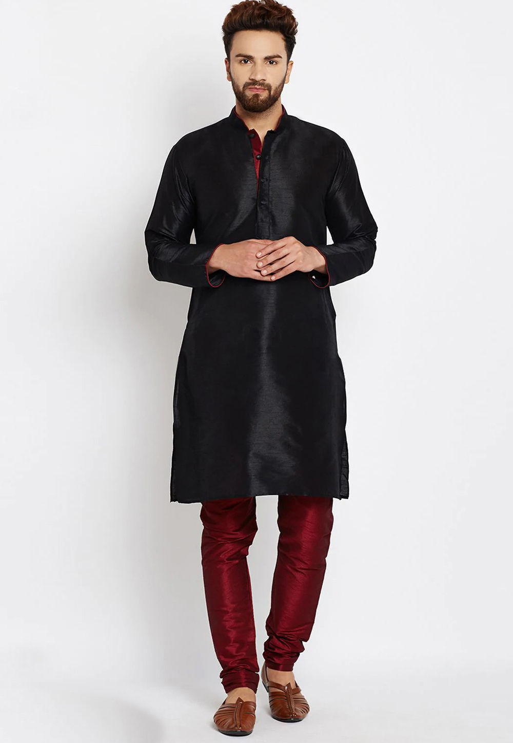 Black Dupion Silk Kurta Pajama 254601
