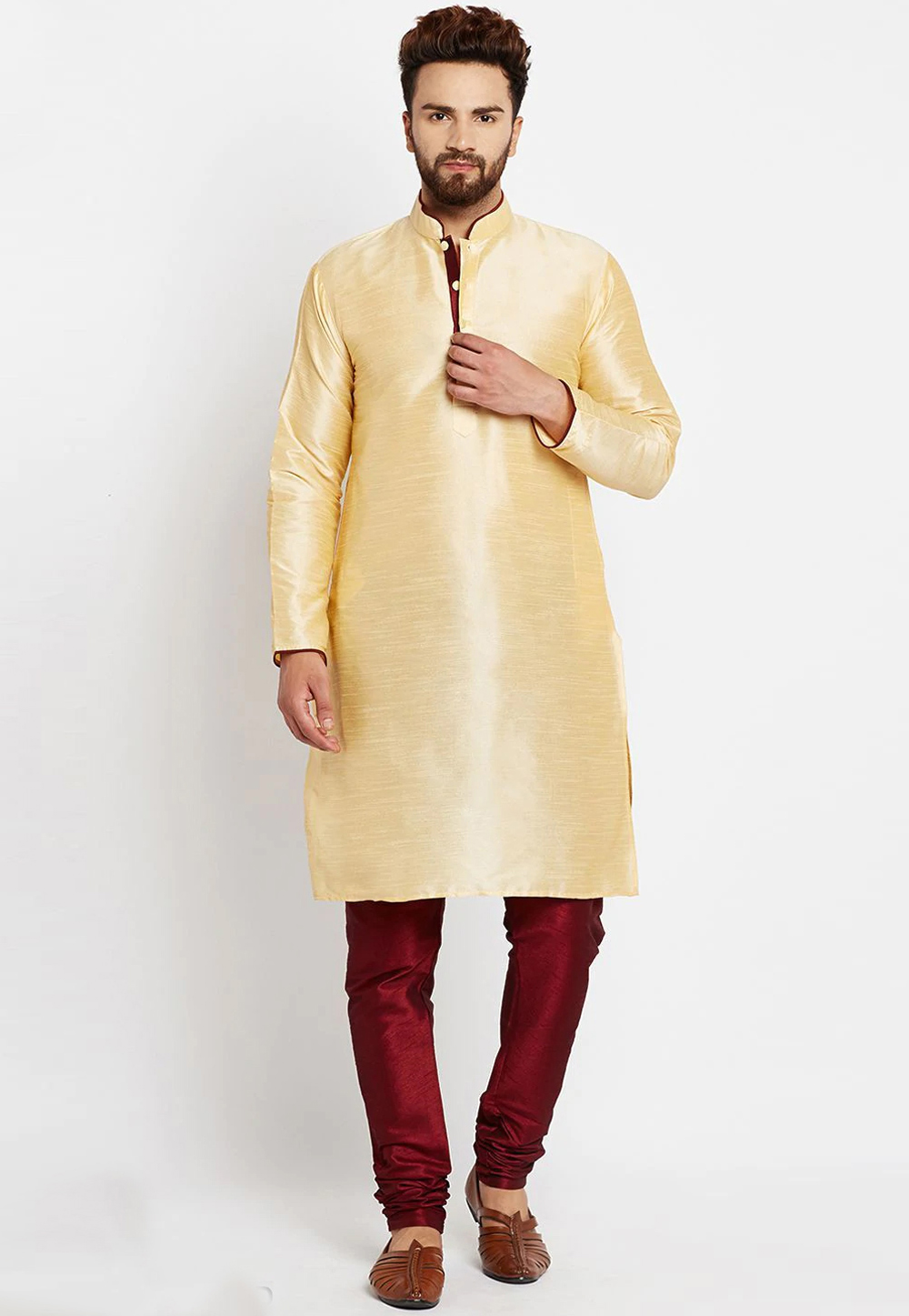 Golden Dupion Silk Kurta Pajama 254603
