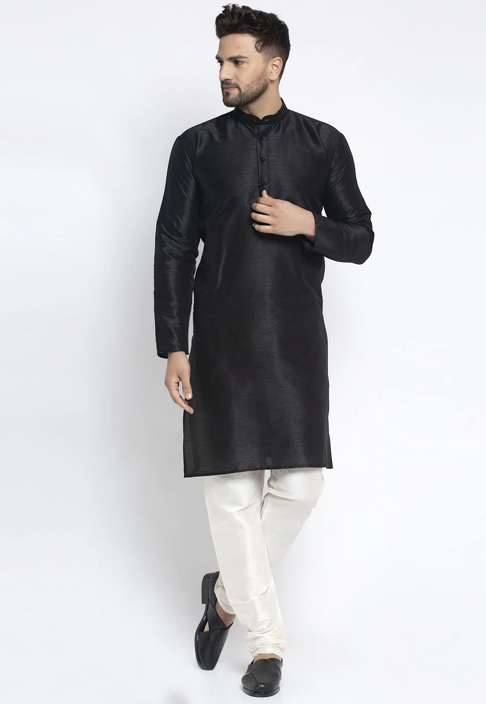 Black Dupion Silk Kurta Pajama 254606