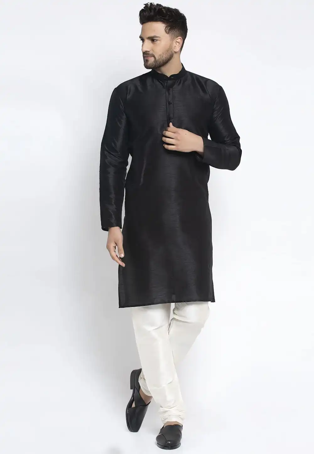Black Dupion Silk Kurta Pajama 254606
