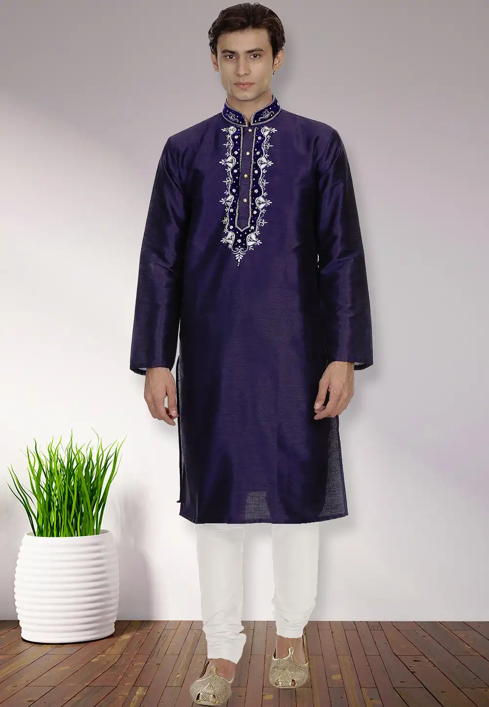 Navy Blue Dupion Silk Readymade Kurta Pajama 175911