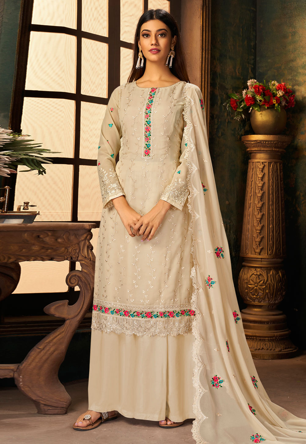 Off White Georgette Palazzo Suit 244780