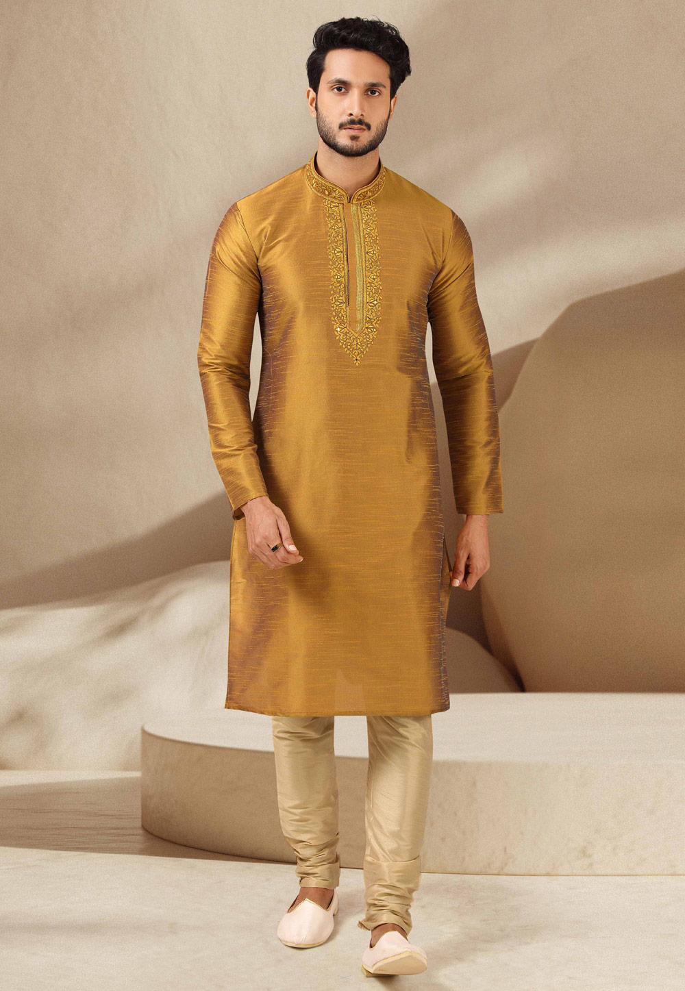 Mustard Banarasi Kurta Pajama 244714